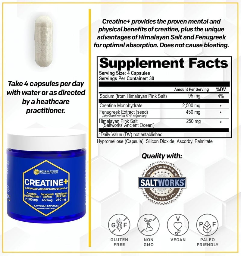 Natural Stacks Creatine Monohydrate  2500mg Creatine Pills  450mg Fenugreek Extract  250mg Himalayan Pink Salt  Supports Brain Health Endurance  Muscle Building  Advanced Absorption Formula  120 Capsules - Image 2