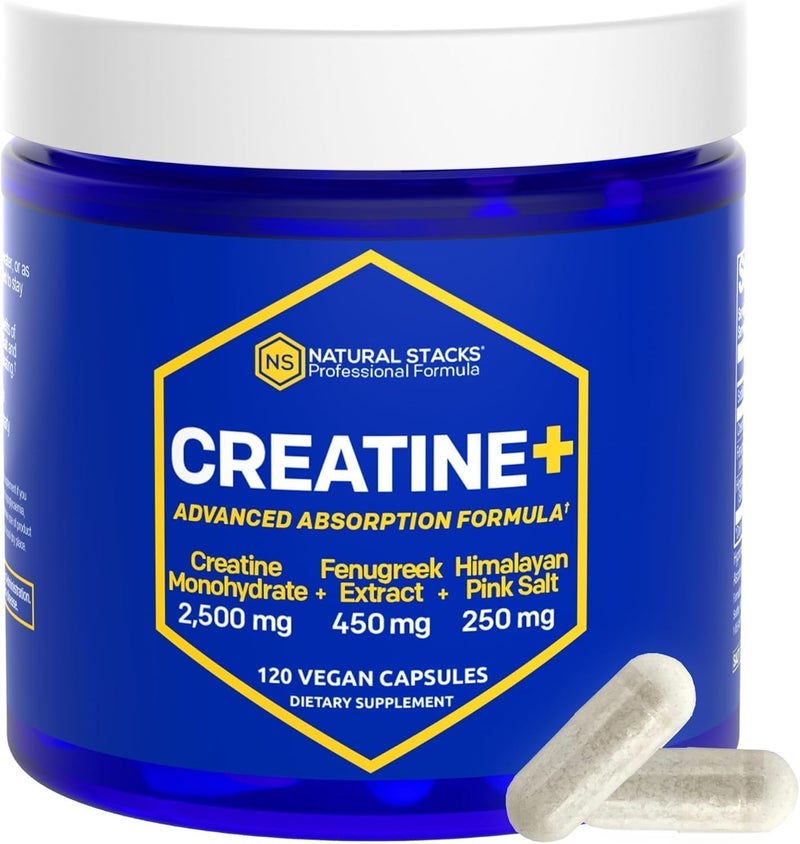Natural Stacks Creatine Monohydrate  2500mg Creatine Pills  450mg Fenugreek Extract  250mg Himalayan Pink Salt  Supports Brain Health Endurance  Muscle Building  Advanced Absorption Formula  120 Capsules - Image 1