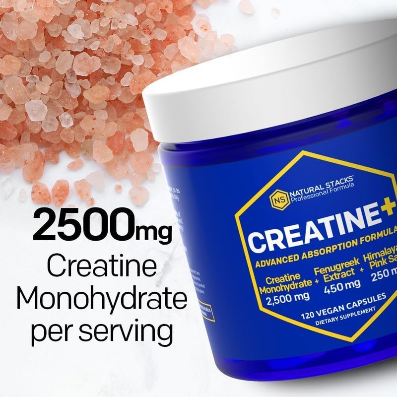 Natural Stacks Creatine Monohydrate  2500mg Creatine Pills  450mg Fenugreek Extract  250mg Himalayan Pink Salt  Supports Brain Health Endurance  Muscle Building  Advanced Absorption Formula  120 Capsules - Image 3