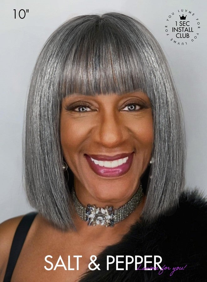 LUVME HAIR All-Day Comfort Wig 10 Inch Grey Salt & Pepper Silky Straight Bob Wig with Bangs Human Hair Glueless HD Lace Bob Wig with Mix Grey Color, Ready to Go Short Wigs For Women (Breathable Cap) - Image 2