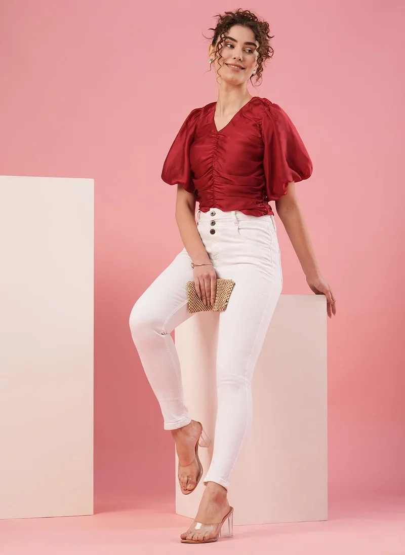 جلو باص جينز قطن نسائي أبيض سكيني فيت خصر عالي مظهر أنيق