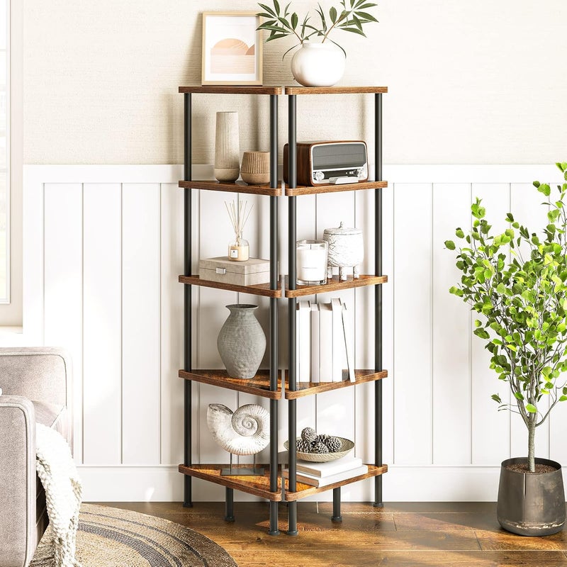 HOOBRO Corner Shelf Unit, 5 Tier Corner Bookcase, Multifunction Corner Storage Stand for Small Space, 30 x 30 x 115 cm, Living Room, Bedroom, Kitchen, Industrial, Rustic Brown EBF33CJ01 - Image 3