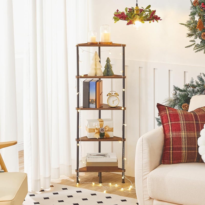 HOOBRO Corner Shelf Unit, 5 Tier Corner Bookcase, Multifunction Corner Storage Stand for Small Space, 30 x 30 x 115 cm, Living Room, Bedroom, Kitchen, Industrial, Rustic Brown EBF33CJ01 - Image 1