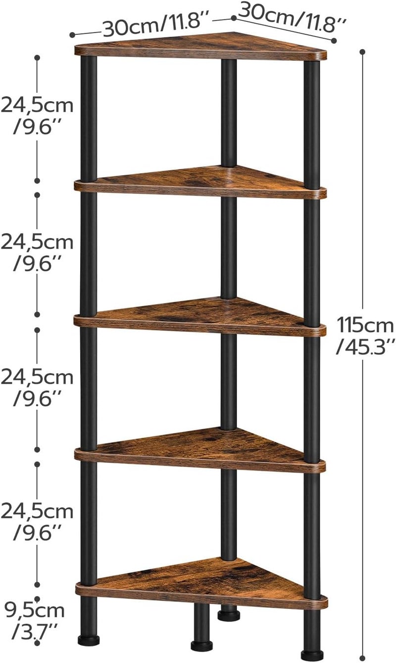 HOOBRO Corner Shelf Unit, 5 Tier Corner Bookcase, Multifunction Corner Storage Stand for Small Space, 30 x 30 x 115 cm, Living Room, Bedroom, Kitchen, Industrial, Rustic Brown EBF33CJ01 - Image 2