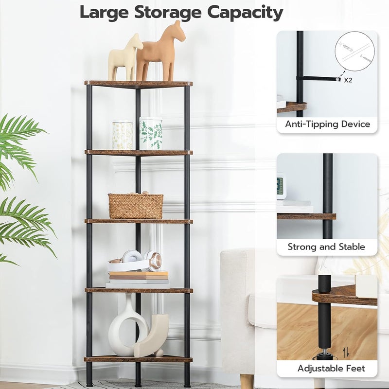 HOOBRO Corner Shelf Unit, 5 Tier Corner Bookcase, Multifunction Corner Storage Stand for Small Space, 30 x 30 x 115 cm, Living Room, Bedroom, Kitchen, Industrial, Rustic Brown EBF33CJ01 - Image 4