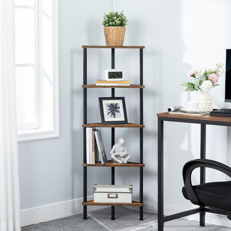 HOOBRO Corner Shelf Unit, 5 Tier Corner Bookcase, Multifunction Corner Storage Stand for Small Space, 30 x 30 x 115 cm, Living Room, Bedroom, Kitchen, Industrial, Rustic Brown EBF33CJ01 - Image 5