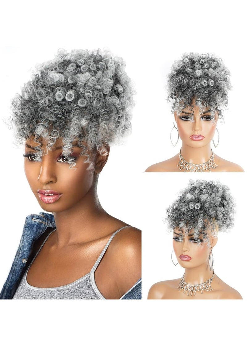 SYOSI Afro Puff Wig, Drawstring Black Fluffy Ponytail with Bangs Pineapple Updo Hair for Women, Short Kinky Curly Ponytail Bun Grey - Image 1