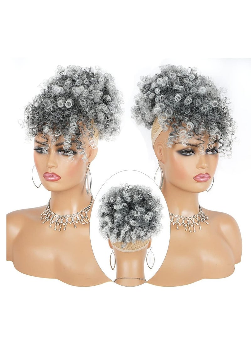 SYOSI Afro Puff Wig, Drawstring Black Fluffy Ponytail with Bangs Pineapple Updo Hair for Women, Short Kinky Curly Ponytail Bun Grey - Image 2