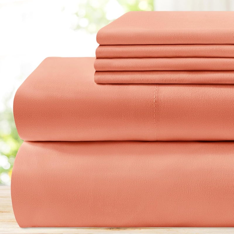 BYSURE 6 Pieces Bed Sheets Set(Full, Coral) - Super Soft 1800 Thread Count 100% Microfiber Sheets with Deep Pockets, Wrinkle & Fade Resistant - Image 1