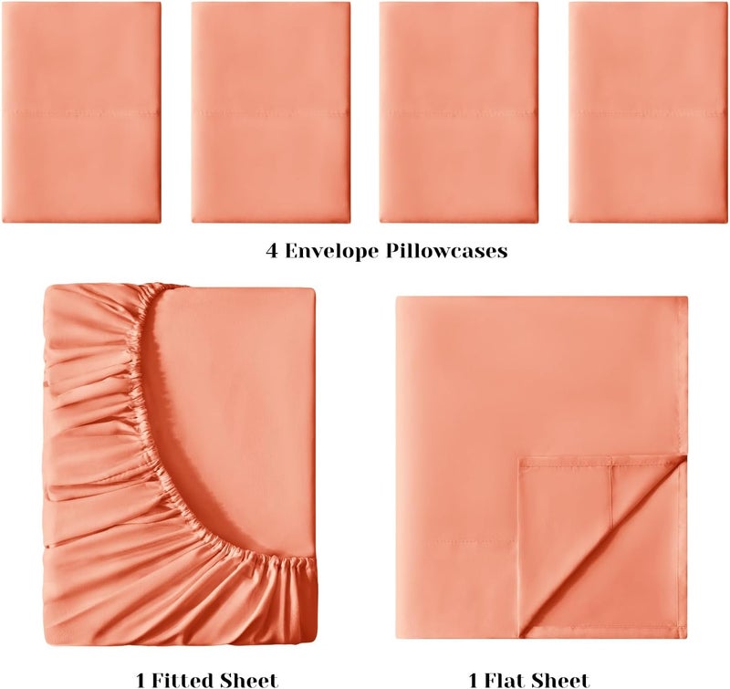 BYSURE 6 Pieces Bed Sheets Set(Full, Coral) - Super Soft 1800 Thread Count 100% Microfiber Sheets with Deep Pockets, Wrinkle & Fade Resistant - Image 3
