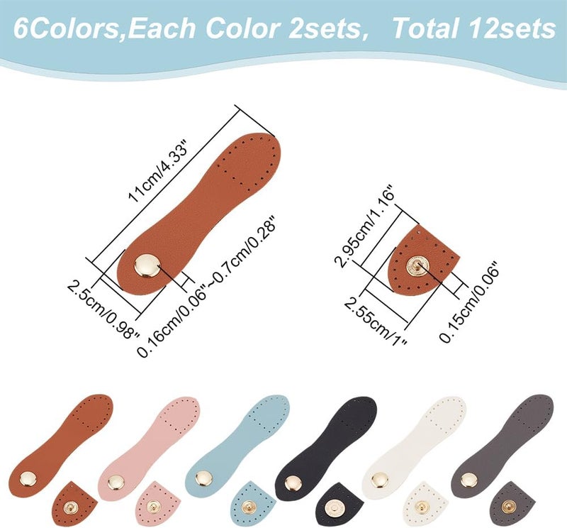 klarako 6 Colors PU Leather Purse Sew On Snap Buckle, 12 Sets Sew On PU Leather Tab Closures Buckles Bag Sew on Snap Closure with Iron Button for DIY Handbag Purse Shoulder Bag Making Supplies - Image 2