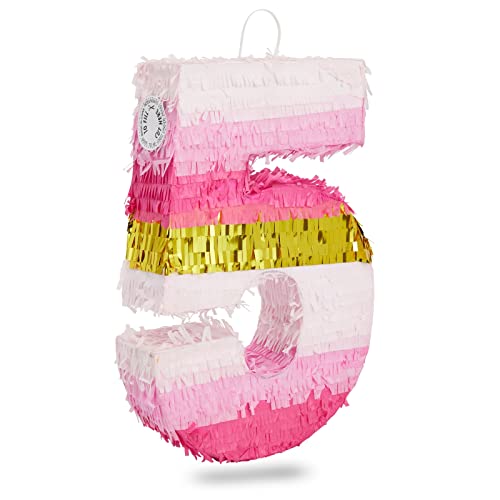 Blue Panda Number 5 Pinata Pink and Gold Foil for Girls 5th Birthday Party Decorations Small 165 x 116 x 3 In - Image 1