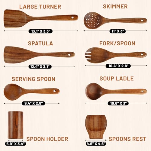 Unokit Cooking Utensils Set for Kitchen - 8 Piece Nonstick Natural Teak Wooden Spoons for Cooking, Comfort Grip Kitchen Utensils Set, Teak Wooden Utensil Set with Holder and Spoon Rest - Image 2