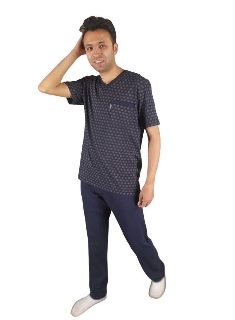 Jet Men Summer Pajama Set Printed Top & Plain Bottom - Navy Blue - Image 1