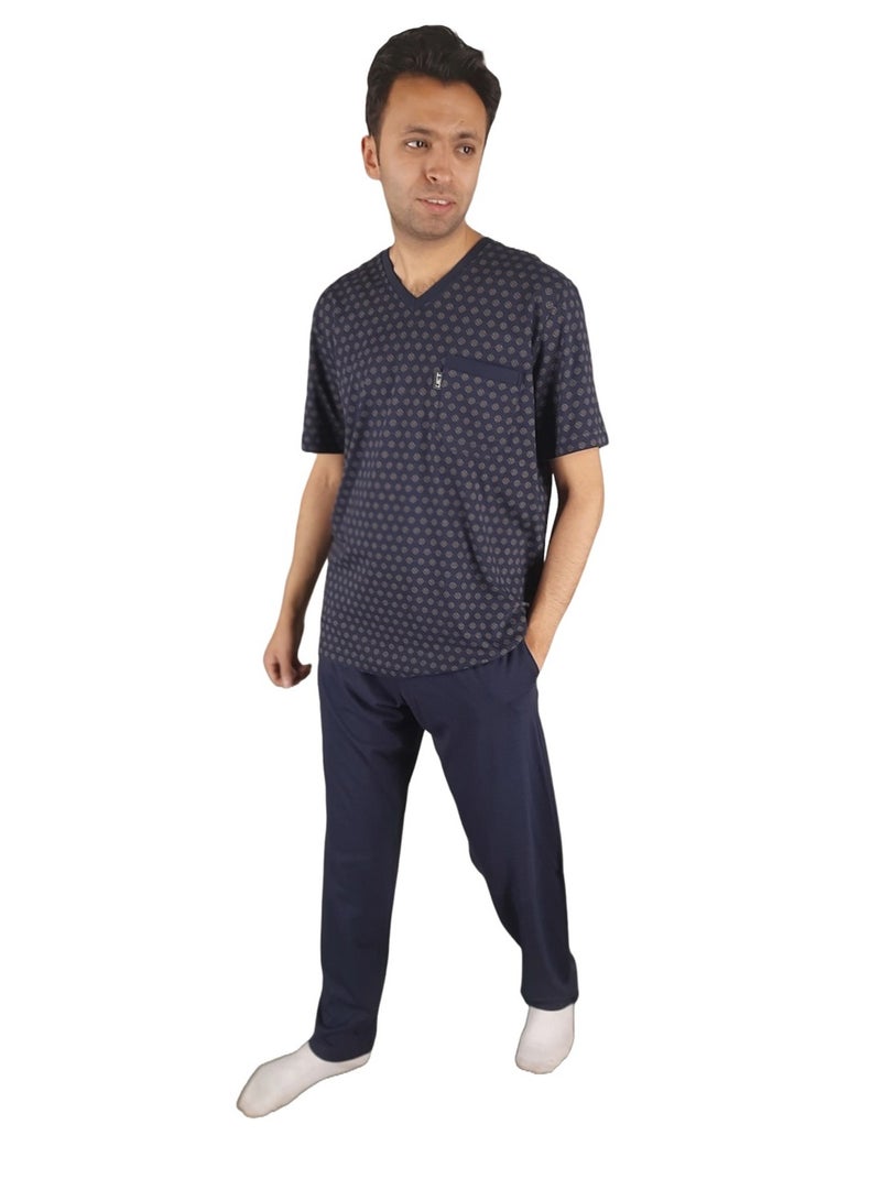 Jet Men Summer Pajama Set Printed Top & Plain Bottom - Navy Blue - Image 2