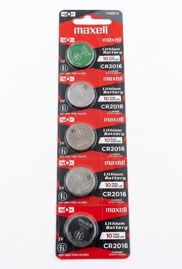Maxell Pack of 5 Lithium Coin Cell Battery CR2016 3V, High Capacity Button Cell for Watches, Calculators, Key Fobs, and Remote Controls, 10-Year Shelf Life