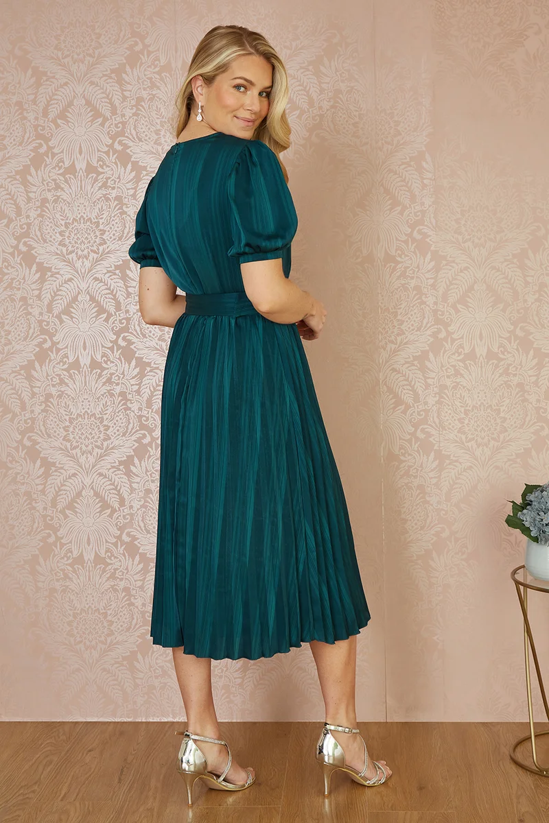 Yumi Satin Striped Midi Dress With Pleats And Matching Belt