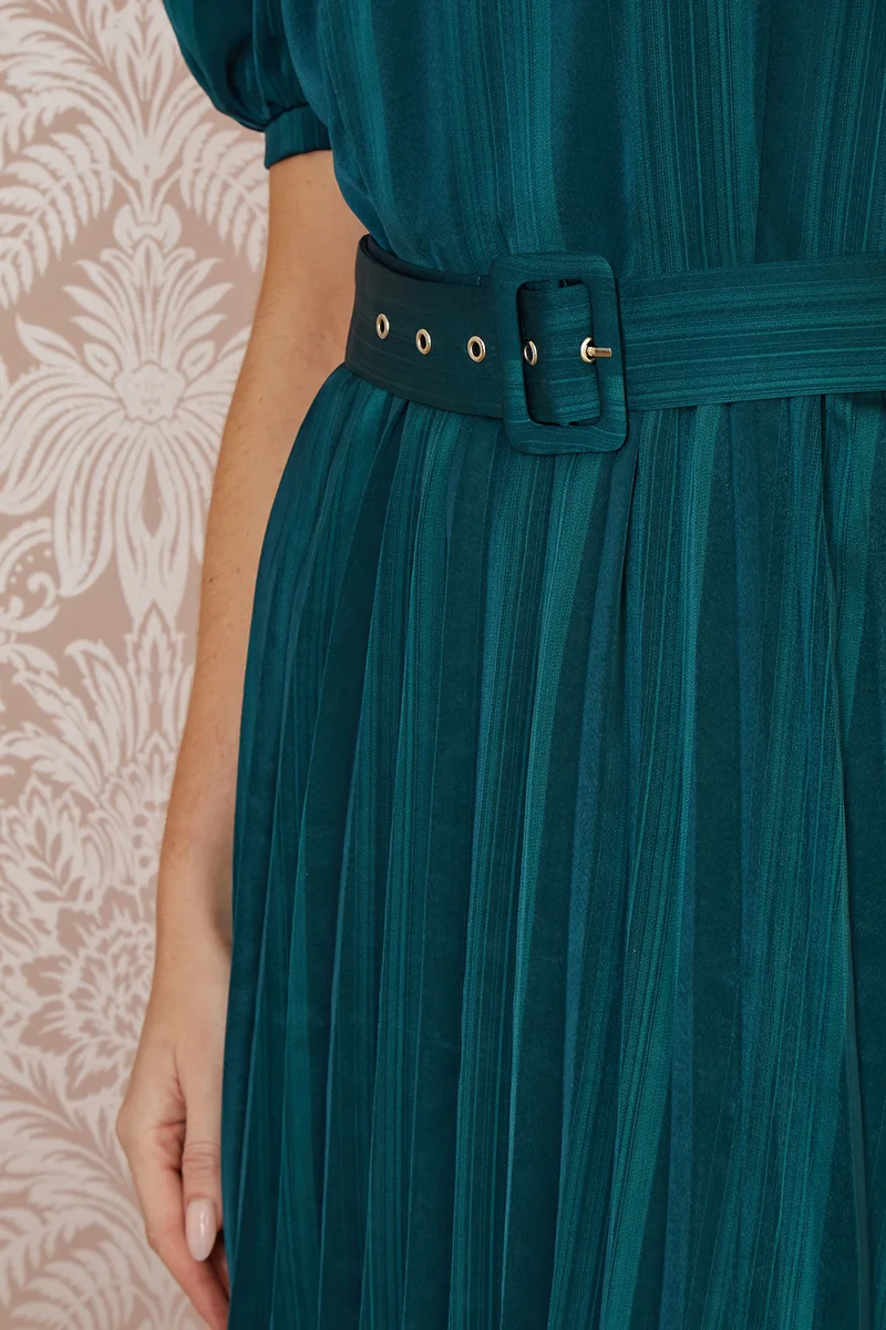 Yumi Satin Striped Midi Dress With Pleats And Matching Belt