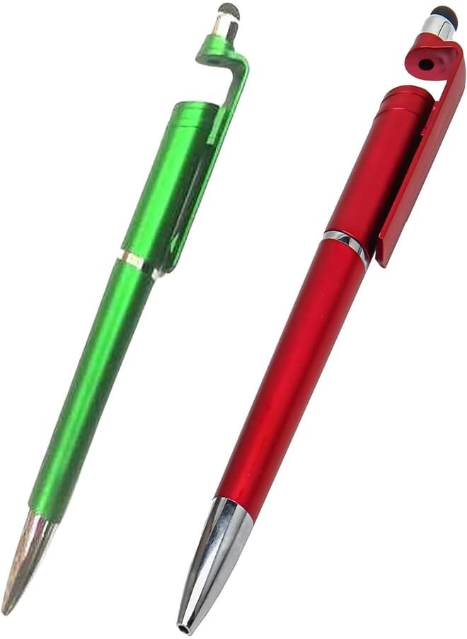 Generic - (Set of 2) Universal 3 in 1 Ballpoint Function Stylus Pen with Mobile Stand Holder, Writing Pen, Screen Wipe for All Android Touchscreen Mobile Phones and Tablets (Red-Green) - Image 1