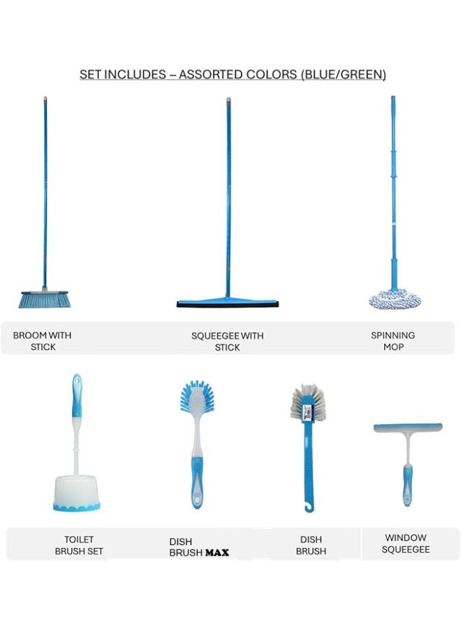 Clean and Care Clean & Care 7 Pcs Cleaning Set All in One Cleaning Tools for Kitchen, Home, Bathroom Spinning Mop, Broom and Squeegee with Stick, Dish Brush, Toilet Brush, Window Squeegee - Image 2