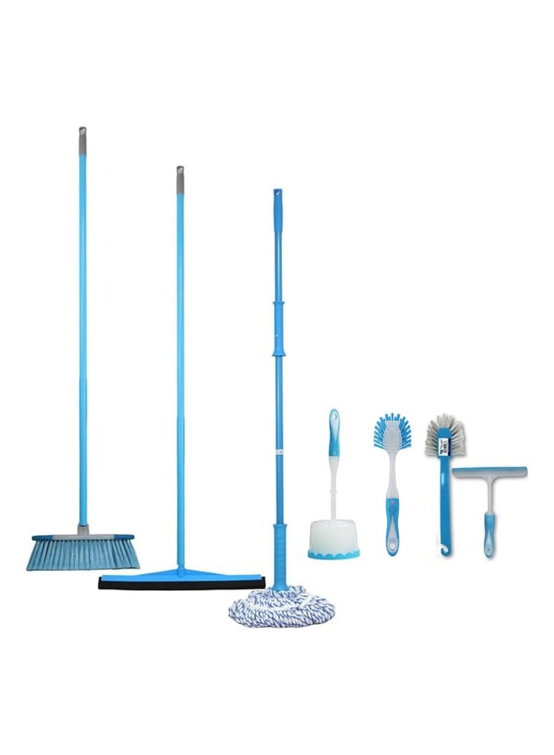 Clean and Care Clean & Care 7 Pcs Cleaning Set All in One Cleaning Tools for Kitchen, Home, Bathroom Spinning Mop, Broom and Squeegee with Stick, Dish Brush, Toilet Brush, Window Squeegee - Image 1