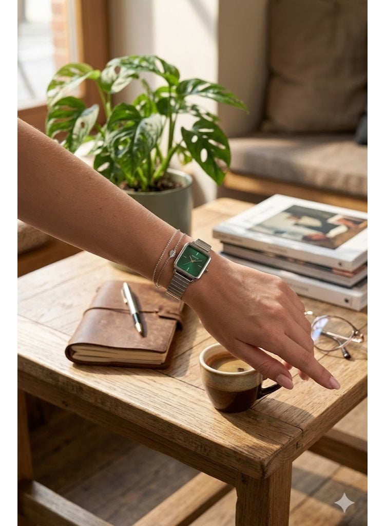 Casio Analog Watch with Square Case, Green Dial, and Link Bracelet - Image 2