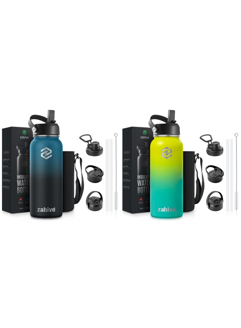 Zahive Insulated Stainless Steel Water Bottle with Straw with 3 Lids and Bag 1000 ml, Double Wall Thermos for Hot and Cold Drinks for Gym and Work, Wide Mouth, Leak Proof, 2 Bottles - Image 1