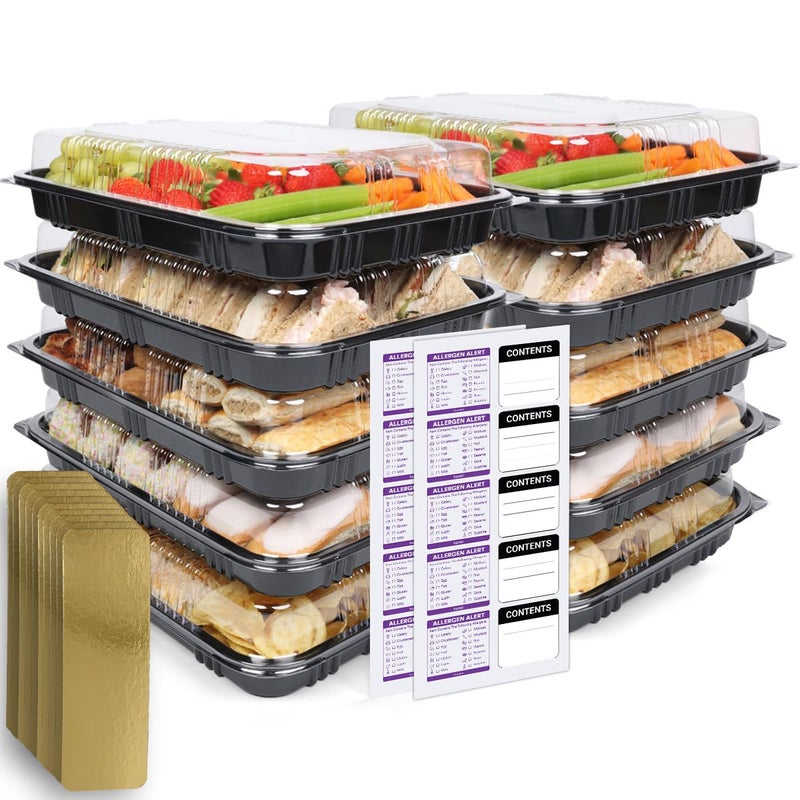 Pack of 10 Sandwich Platter Trays with Lids  Reusable Plastic Buffet Serving Tray for Meal Prep  Catering Platters for Party Food with Dividers  Labels 335cm x 24cm x 7cm 10