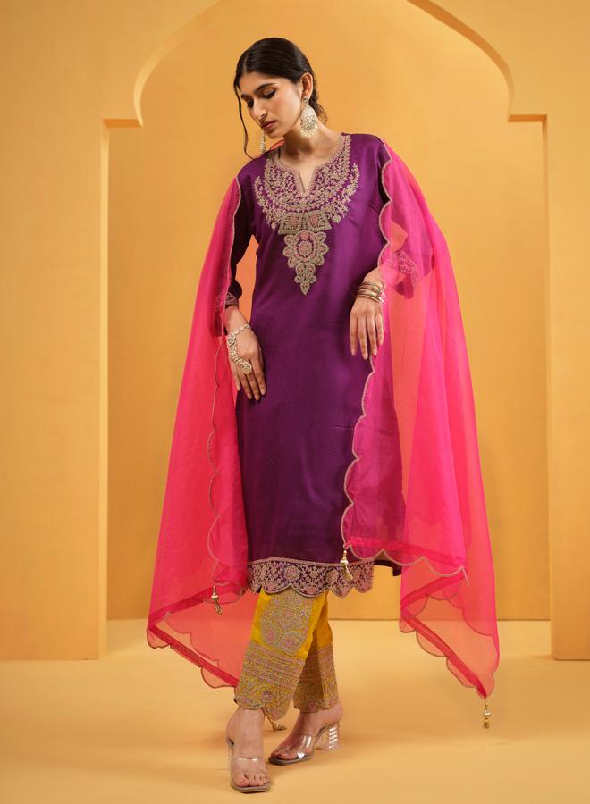 ISHIN Women's Purple Silk Blend Embellished Kaftan Upperwear Calf Length Palazzo Bottomwear Straight Fit 3 Peice Kurta Set - Image 3