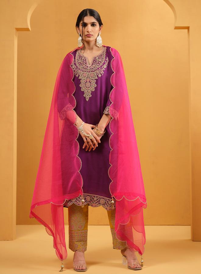 ISHIN Women's Purple Silk Blend Embellished Kaftan Upperwear Calf Length Palazzo Bottomwear Straight Fit 3 Peice Kurta Set - Image 1