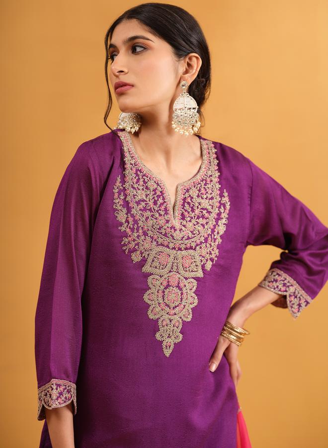 ISHIN Women's Purple Silk Blend Embellished Kaftan Upperwear Calf Length Palazzo Bottomwear Straight Fit 3 Peice Kurta Set - Image 5