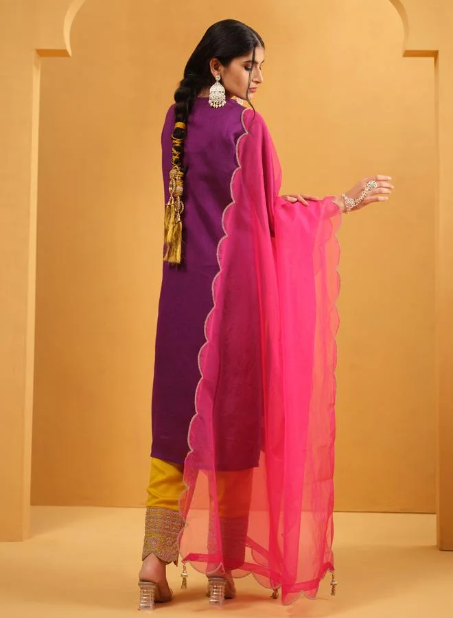 ISHIN Women's Purple Silk Blend Embellished Kaftan Upperwear Calf Length Palazzo Bottomwear Straight Fit 3 Peice Kurta Set