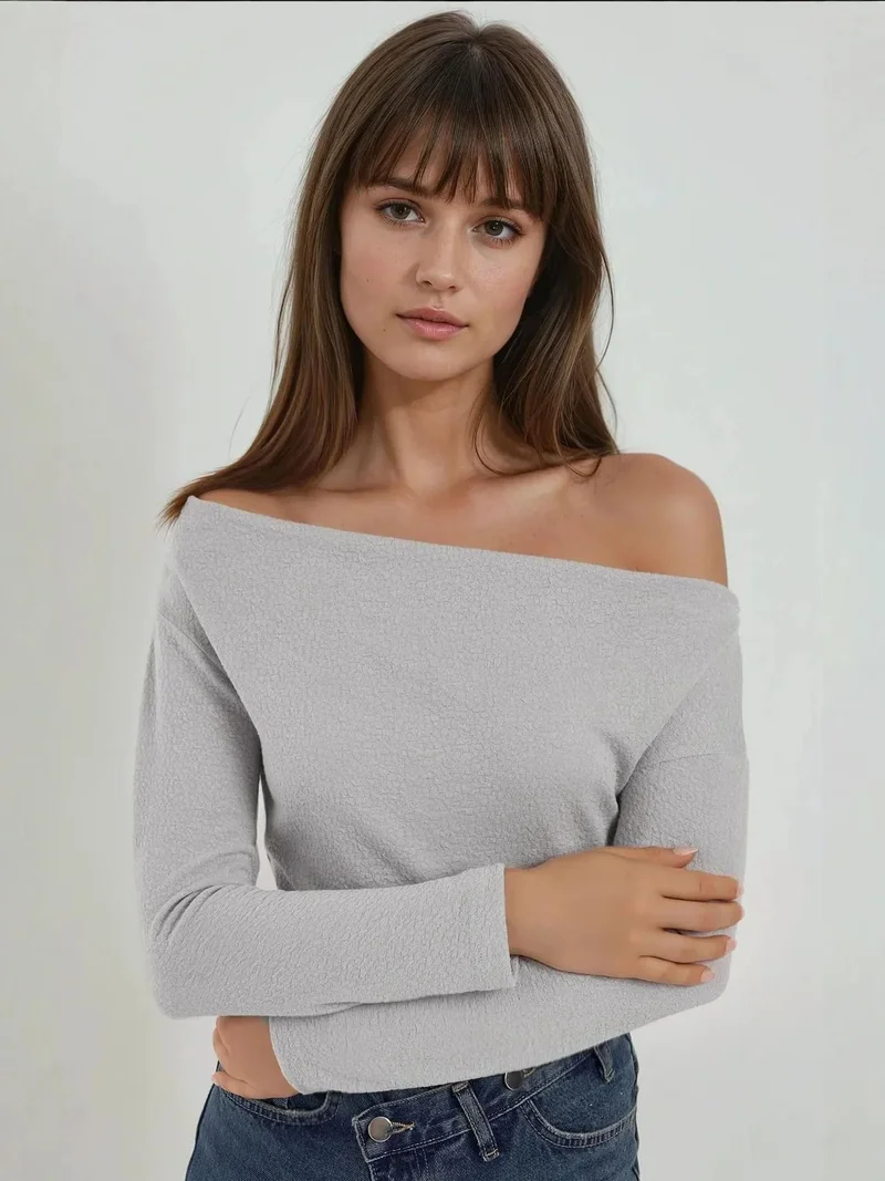 HICCUP Striped Carmen Collar Long Sleeve Top