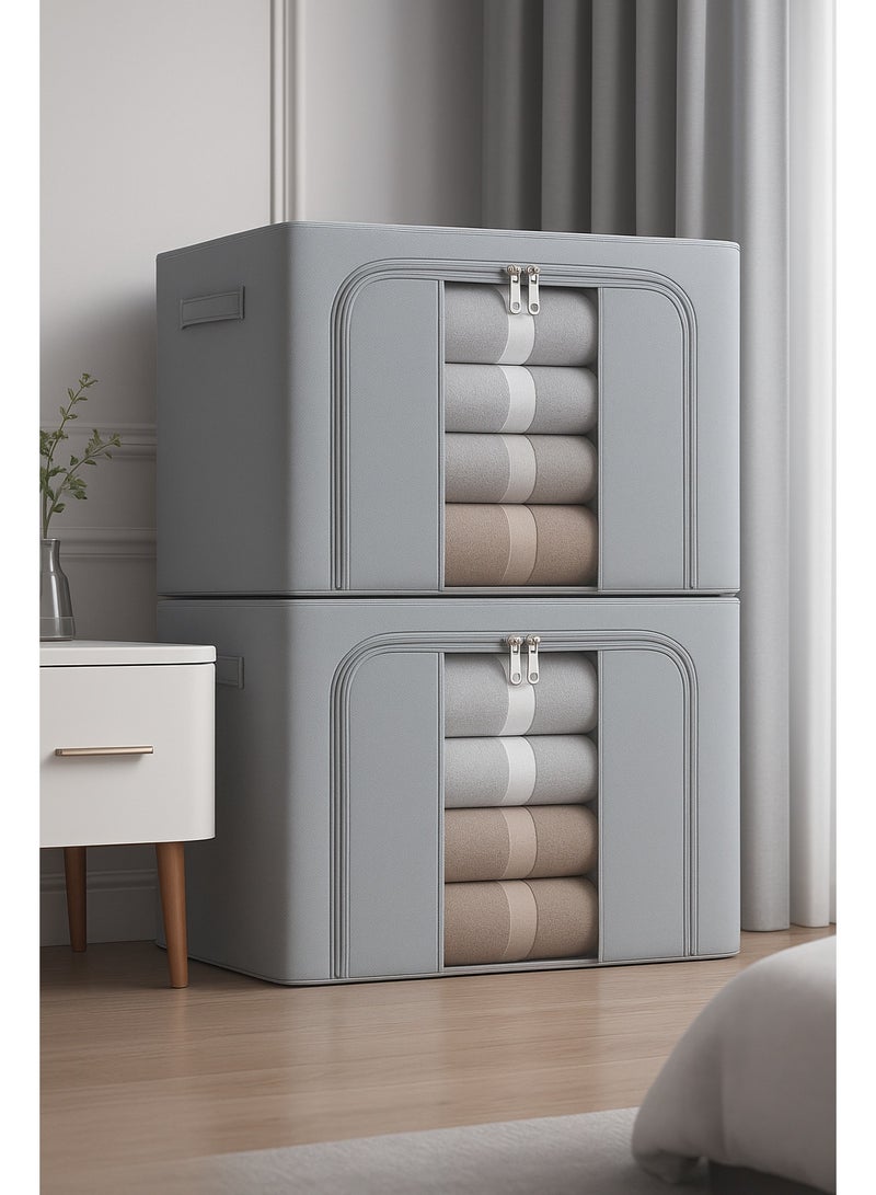 2 Pack Clothes Storage Box, Foldable Clothes Organizer with Zipper and Handle, Clothing Storage Containers for Comforters, Clothes, Blankets（Grey） - Image 1