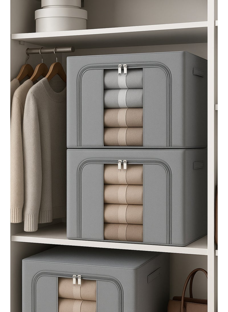 2 Pack Clothes Storage Box, Foldable Clothes Organizer with Zipper and Handle, Clothing Storage Containers for Comforters, Clothes, Blankets（Grey） - Image 4