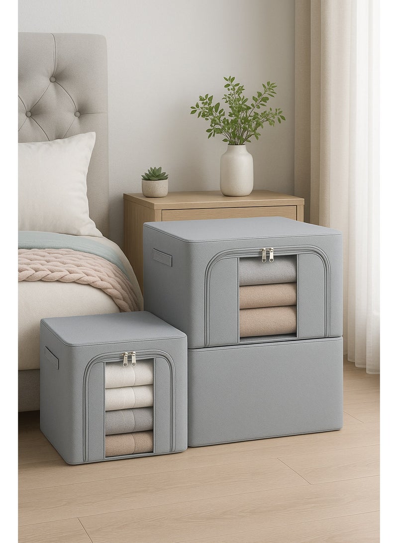 2 Pack Clothes Storage Box, Foldable Clothes Organizer with Zipper and Handle, Clothing Storage Containers for Comforters, Clothes, Blankets（Grey） - Image 2