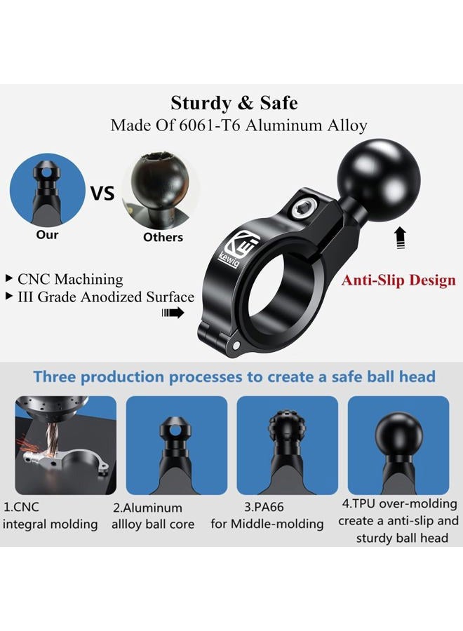 BRCOVAN Bar Clamp Mount with 1'' TPU Ball Compatible with RAM Mounts B Size Double Socket Arm, Fit Bike & Motorcycle Handlebar Diameter 0.5'' / 0.87'' / 1'' / 1.26'' Aluminum Material, CNC Processing - Image 3