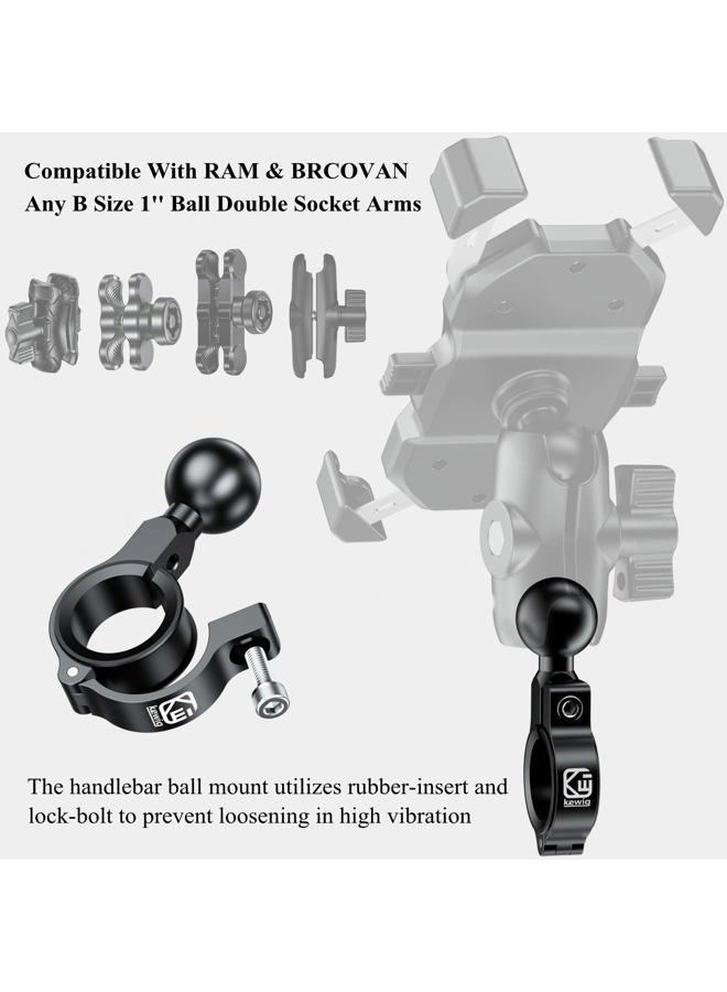BRCOVAN Bar Clamp Mount with 1'' TPU Ball Compatible with RAM Mounts B Size Double Socket Arm, Fit Bike & Motorcycle Handlebar Diameter 0.5'' / 0.87'' / 1'' / 1.26'' Aluminum Material, CNC Processing - Image 4