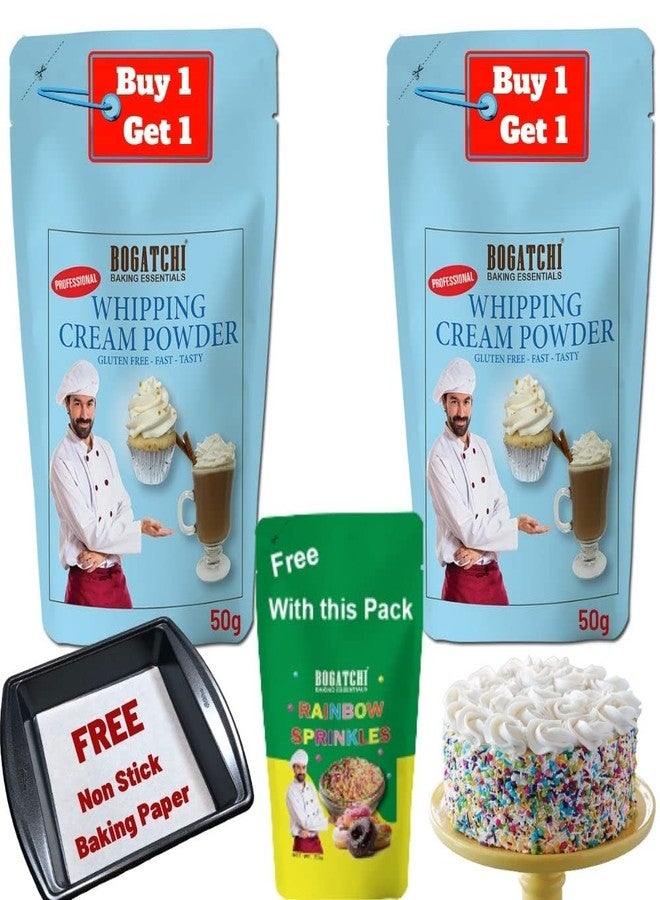 BOGATCHI Whipped Cream Powder for Cake | Premium | 50g + 50g Free | Extra Pack with Rainbow Sprinkler 25g - Image 1