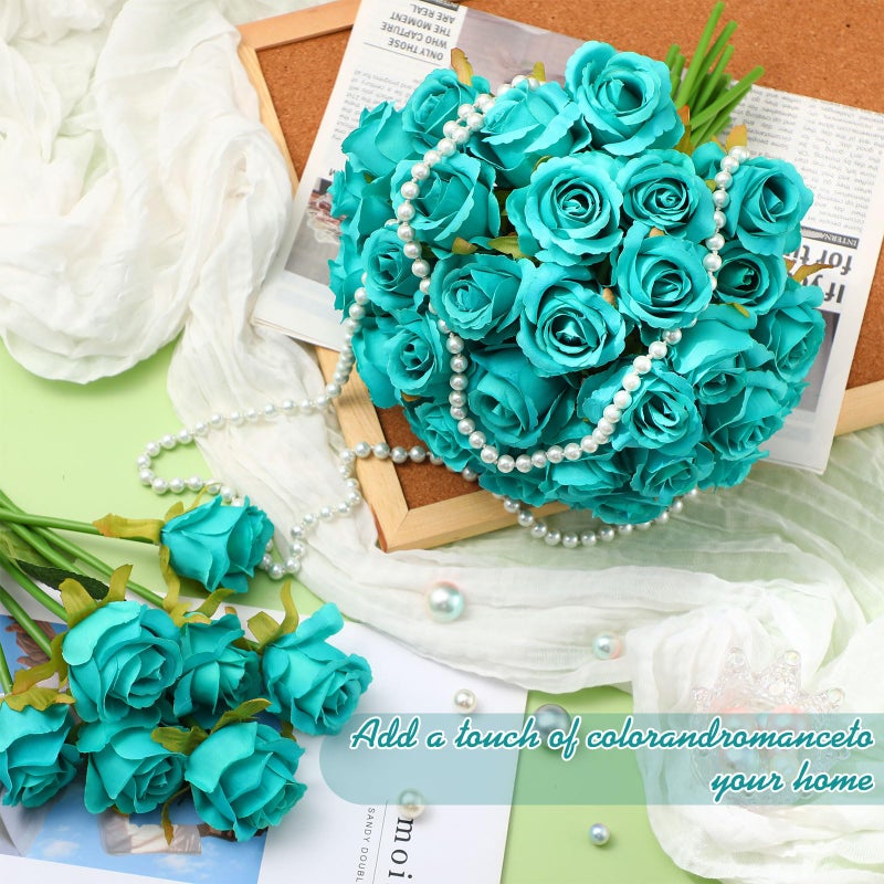 Hoteam 72 Heads Teal Artificial Flowers Turquoise Rose 6 Bouquet Wedding Decoration Faux Flower Arrangement Bouquet With Stem Bridal Shower Gift Floral Centerpiece For Tables - Image 3