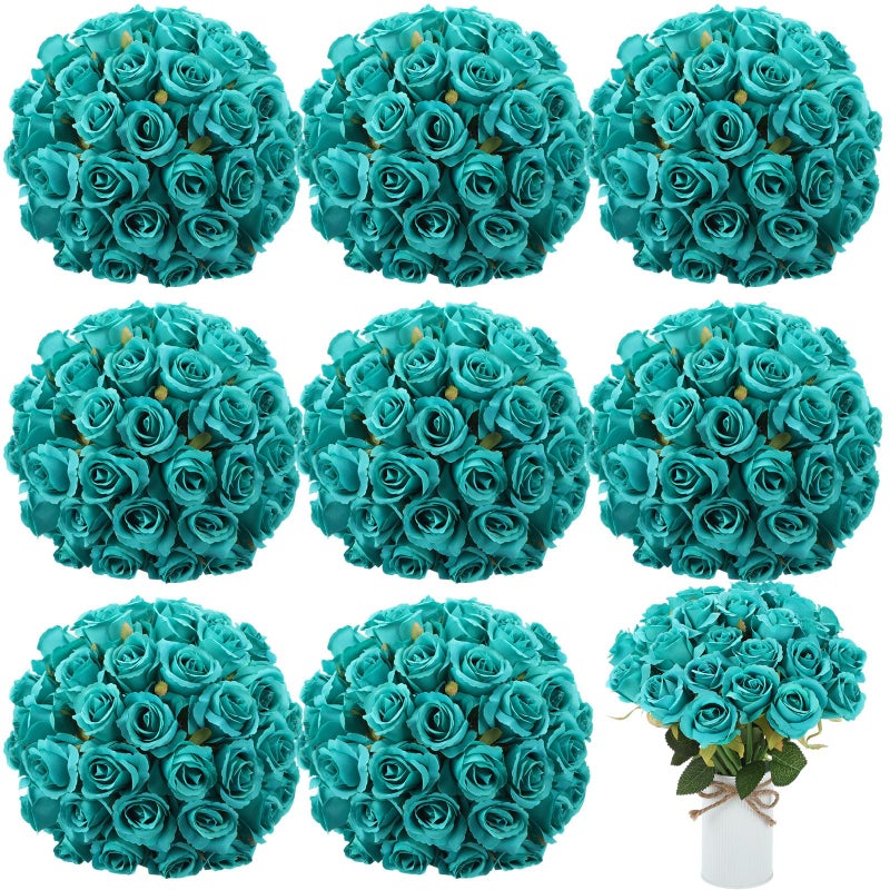 Hoteam 72 Heads Teal Artificial Flowers Turquoise Rose 6 Bouquet Wedding Decoration Faux Flower Arrangement Bouquet With Stem Bridal Shower Gift Floral Centerpiece For Tables - Image 1