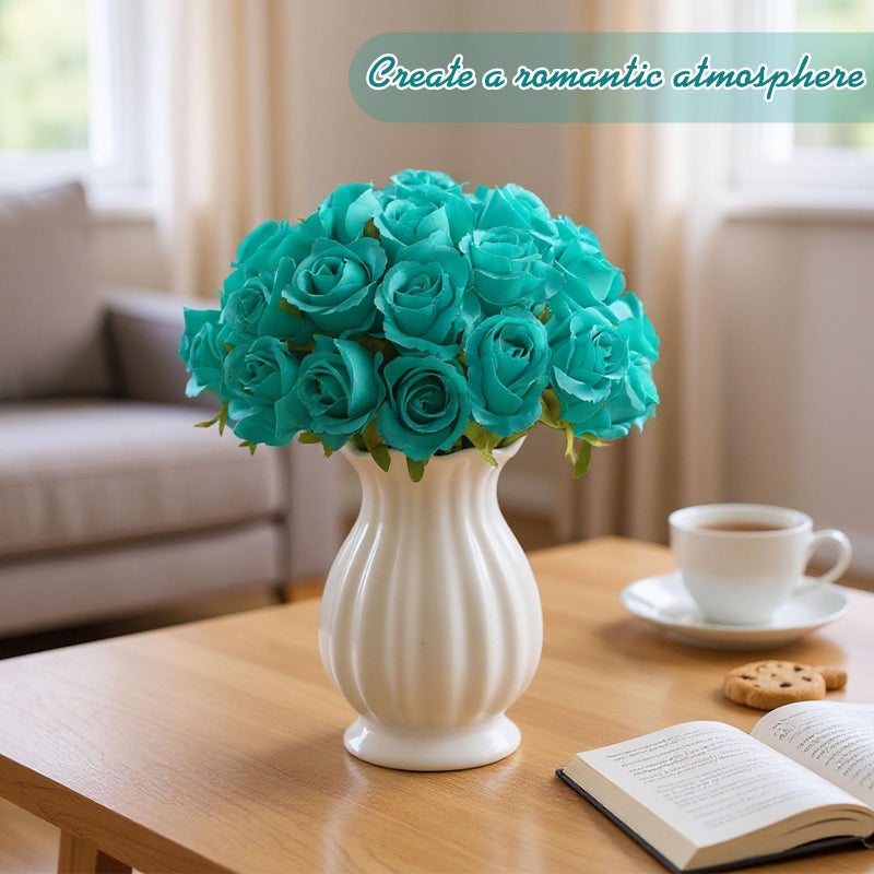 Hoteam 72 Heads Teal Artificial Flowers Turquoise Rose 6 Bouquet Wedding Decoration Faux Flower Arrangement Bouquet With Stem Bridal Shower Gift Floral Centerpiece For Tables - Image 4