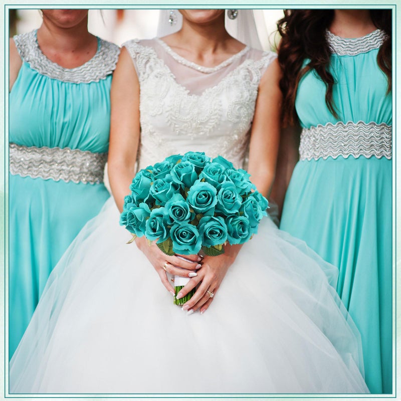 Hoteam 72 Heads Teal Artificial Flowers Turquoise Rose 6 Bouquet Wedding Decoration Faux Flower Arrangement Bouquet With Stem Bridal Shower Gift Floral Centerpiece For Tables - Image 5