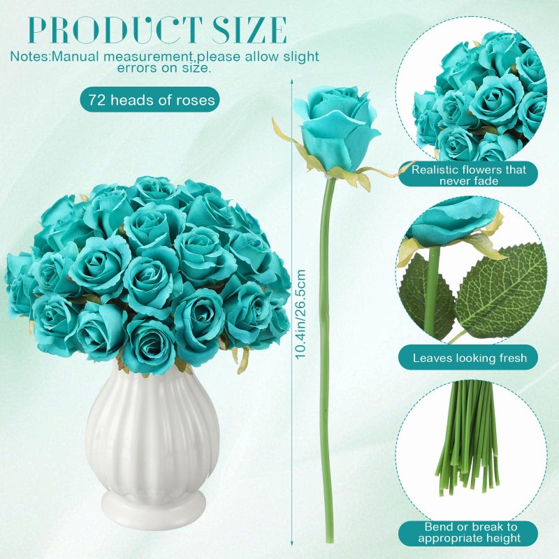 Hoteam 72 Heads Teal Artificial Flowers Turquoise Rose 6 Bouquet Wedding Decoration Faux Flower Arrangement Bouquet With Stem Bridal Shower Gift Floral Centerpiece For Tables - Image 2