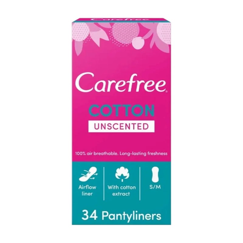 Carefree Unscented Cotton Pantyliners 100% Air Breathable And Long Lasting Freshness- 34pcs