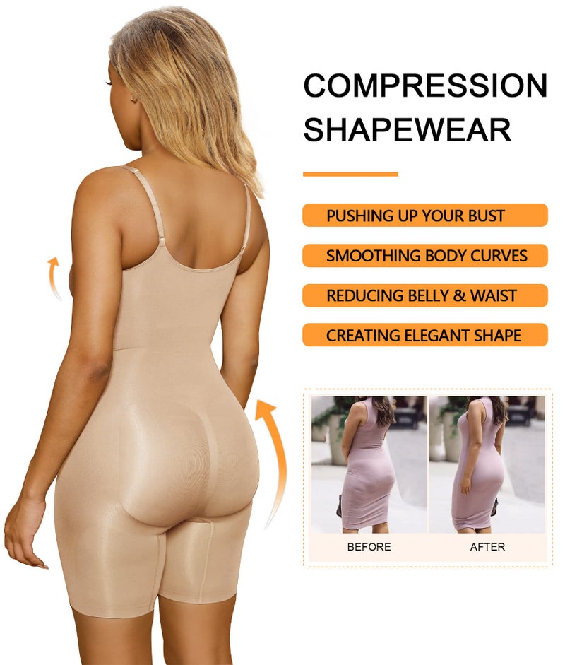 SHAPERX Shapewear for Women Tummy Control Bodysuit Mid Thigh Butt Lifter Body Shaper Shorts,SZ5218-Beige-XXS/XS - Image 5