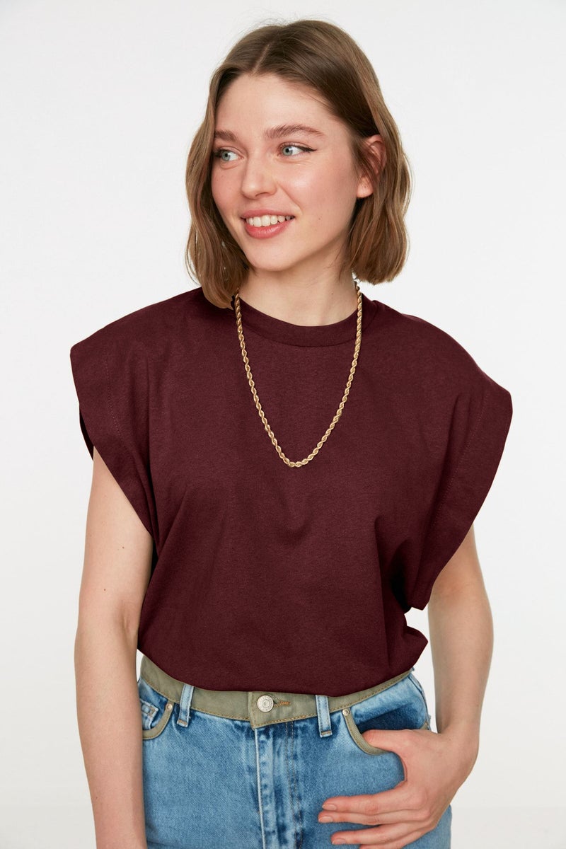 trendyol Claret Red 100% Cotton Padded Look Basic Crew Neck Knitted T-Shirt - Image 2