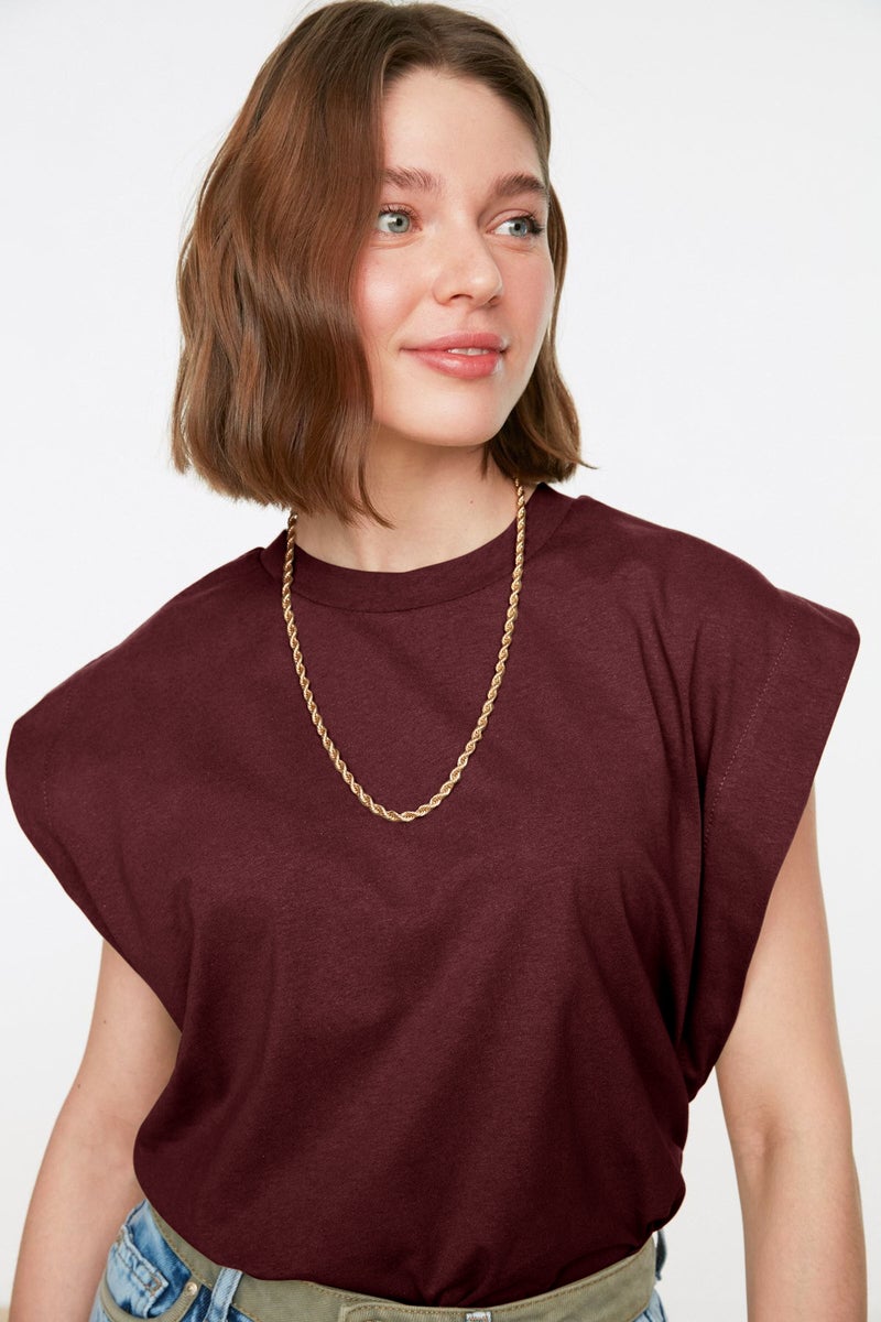 trendyol Claret Red 100% Cotton Padded Look Basic Crew Neck Knitted T-Shirt - Image 3