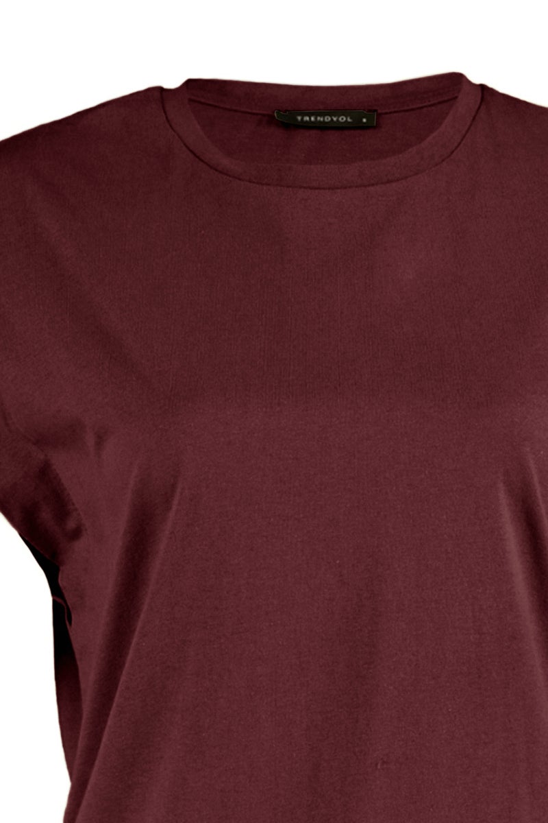 trendyol Claret Red 100% Cotton Padded Look Basic Crew Neck Knitted T-Shirt - Image 5
