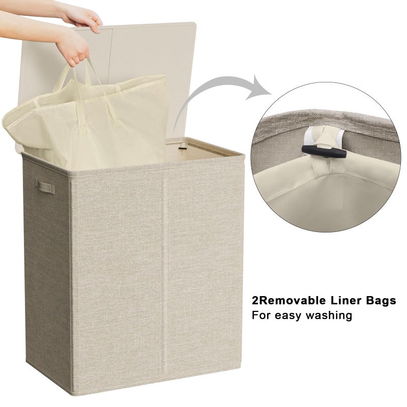 WOWLIVE 154L Double Laundry Hamper with Lid and Removable Laundry Bags, Large Dirty Clothes Hamper 2 section Collapsible Laundry Basket Dorm Room Storage for Bedroom, Bathroom, College,Wheat - Image 4